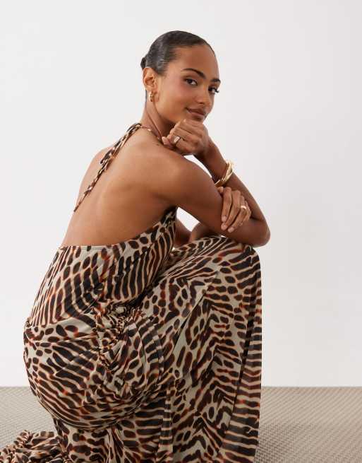 ASOS DESIGN - Diepuitgesneden maxi jurk met sjaaldetail en dierenprint, 3 van 4