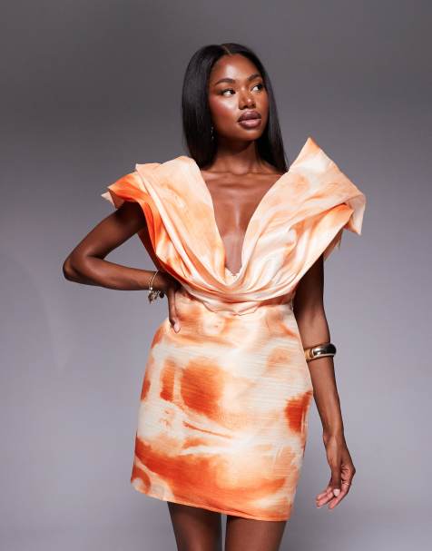 ASOS DESIGN - Diepuitgesneden maxi jurk met structuur in oranje abstracte print - view 1