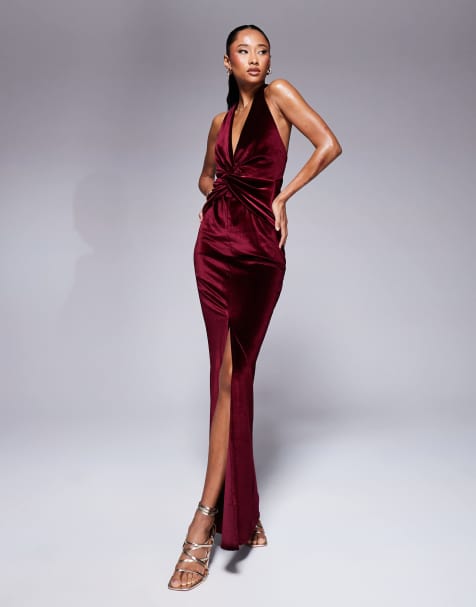 ASOS DESIGN - Diepuitgesneden maxi jurk van fluweel met gedraaide voorkant in bordeauxrood - view 1