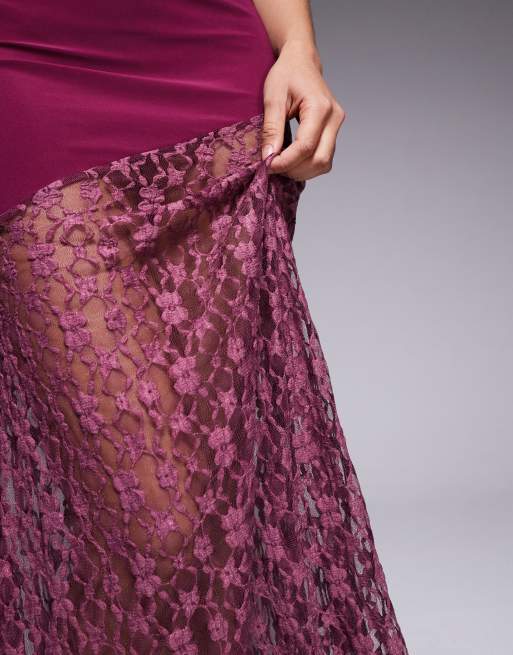 ASOS DESIGN - Diepuitgesneden maxi-jurk van gladde kantmix in paars, 3 van 4