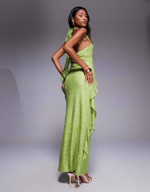 ASOS DESIGN - Diepuitgesneden maxi-jurk van kant met ruches in olijfgroen, 3 van 4