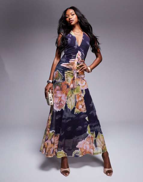 ASOS DESIGN - Diepuitgesneden maxi jurk van mesh met godet-detail en zwierige zoom in bloemenprint - view 1