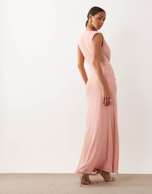 ASOS DESIGN - Diepuitgesneden maxi jurk van mesh met overslag in babyroze, 3 van 4