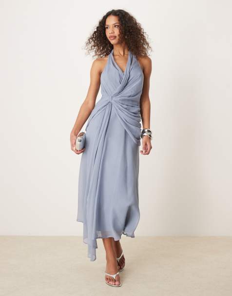 ASOS DESIGN - Diepuitgesneden midi-halterjurk met gedrapeerd detail in schemerig blauw - view 1