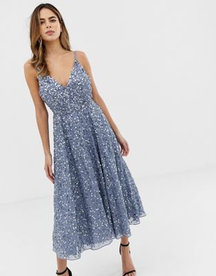 ASOS DESIGN - Diepuitgesneden midi-jurk met delicate lovertjes en volle rok-Blauw