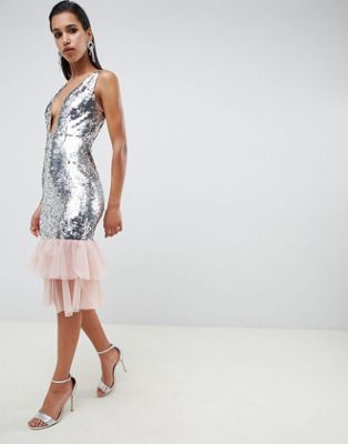 ASOS DESIGN - Diepuitgesneden midi-jurk met lovertjes en stook van tule-Zilver