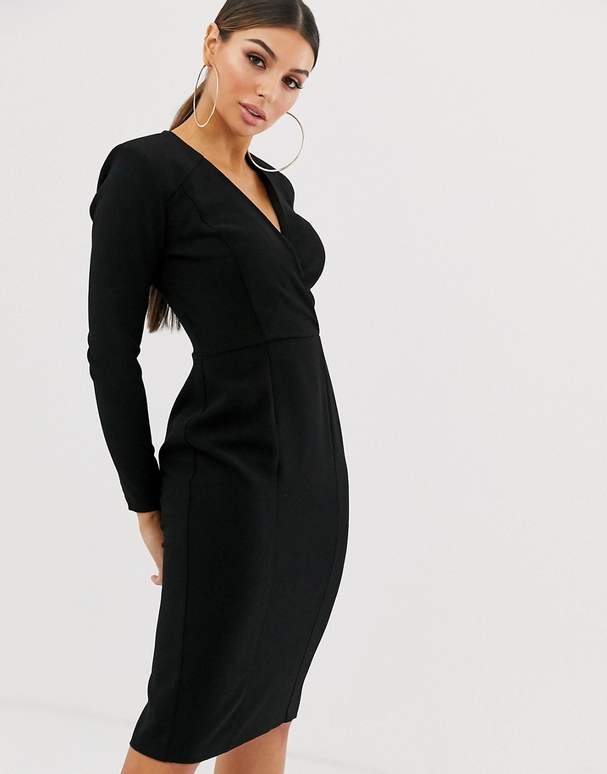 ASOS DESIGN - Diepuitgesneden midi-jurk met overslag en lange mouwen-Zwart