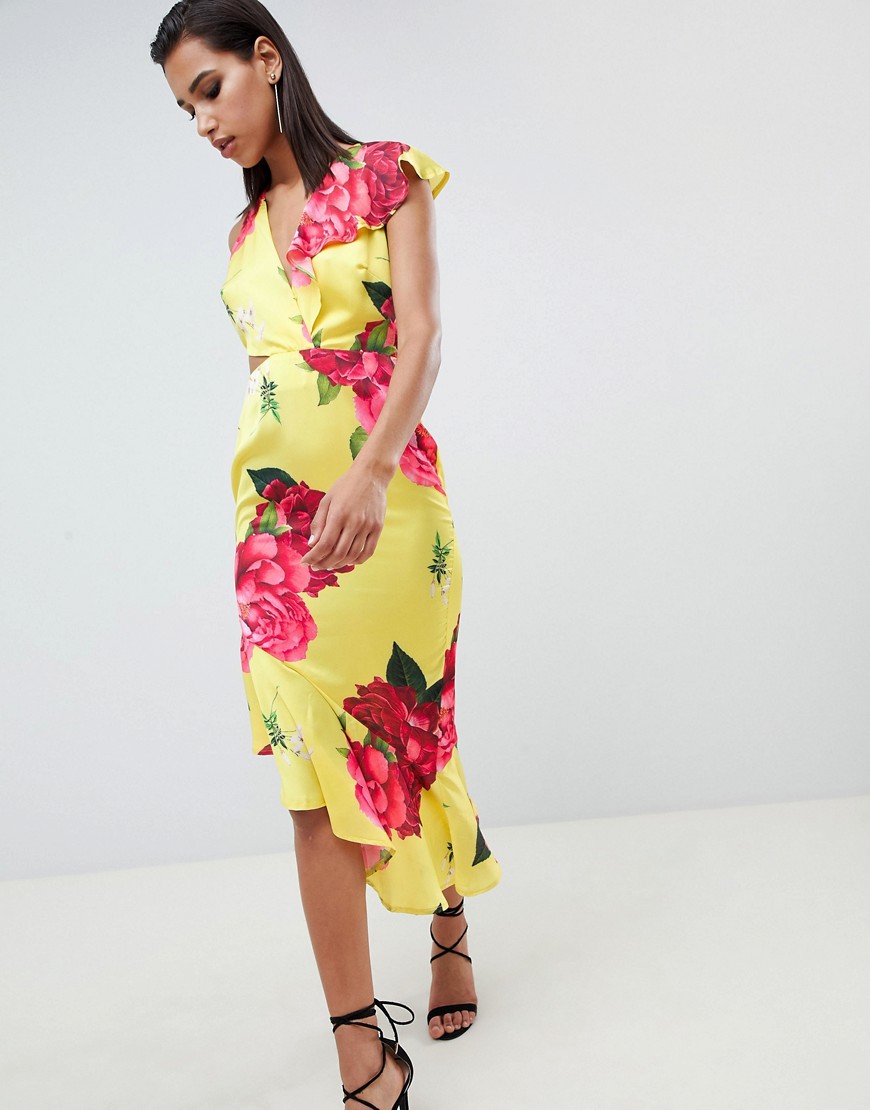 ASOS DESIGN - Diepuitgesneden midi-jurk met uitsnijding in heldere bloemenprint-Multi