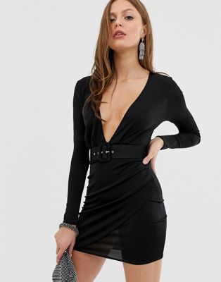 ASOS DESIGN - Diepuitgesneden mini-jurk met riem-Zwart