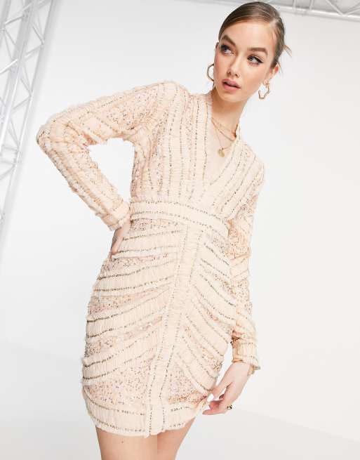 ASOS DESIGN - Diepuitgesneden mini jurk met ruches, versiering en lange mouwen