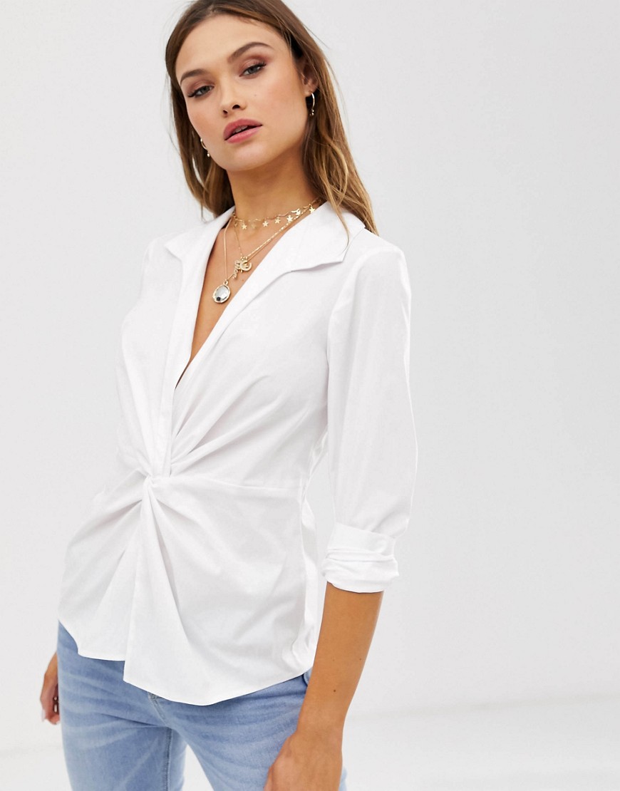 ASOS DESIGN - Diepuitgesneden overhemd met lange mouwen en knoop aan de voorkant van katoenen poplin-Wit