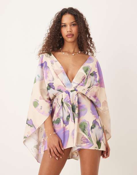 ASOS DESIGN - Diepuitgesneden playsuit met overdreven mouwen in abstracte bloemenprint - view 1