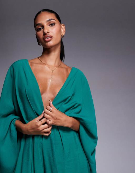 ASOS DESIGN - Diepuitgesneden playsuit met overdreven mouwen in groen, 4 van 4