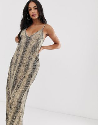ASOS DESIGN - Diepuitgesneden plissé cami maxi-jurk met slangenprint-Multi