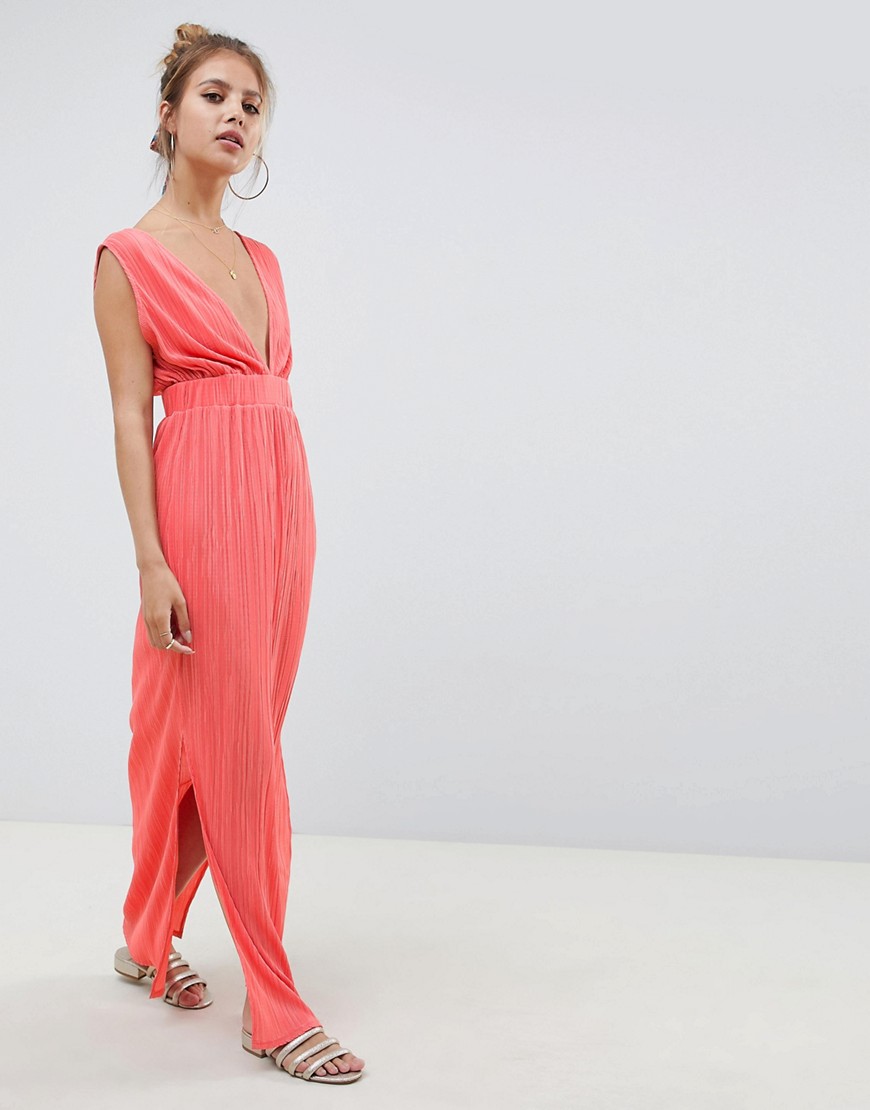 ASOS Design - Diepuitgesneden plissé lange jurk-Roze