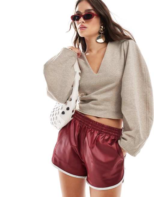 ASOS DESIGN - Diepuitgesneden top van scubastof met coconmouwen in gemêleerd lichtbeige