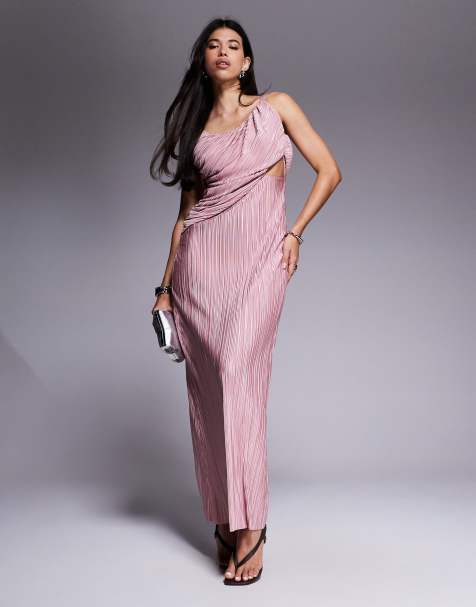 ASOS DESIGN - Diepvallende plissé maxi jurk in beigeroze - view 1