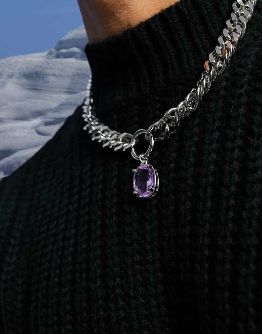 ASOS DESIGN - Dikke ketting in zilverkleur met kristallen hanger in lila