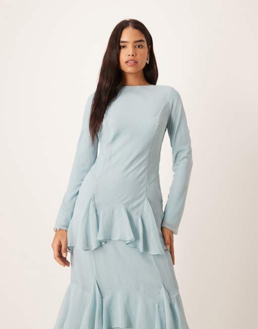 ASOS DESIGN – Dimblå, långärmad maxiklänning i chiffong med volang, 2 av 4