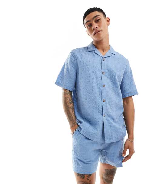 ASOS DESIGN – Dimblå, strukturerad kortärmad skjorta i oversize och 90-talsstil med struktur, del av set - view 1