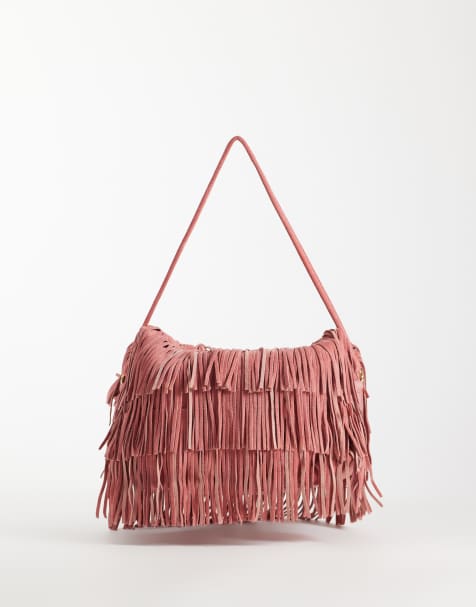 ASOS DESIGN – Dimrosa kuvertväska i mocka med fransar och avtagbar axelrem - view 1