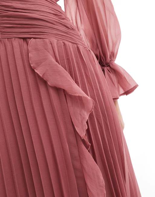 ASOS DESIGN – Dimrosa maxiklänning med hög halsringning och rynkat skärp, 2 av 4