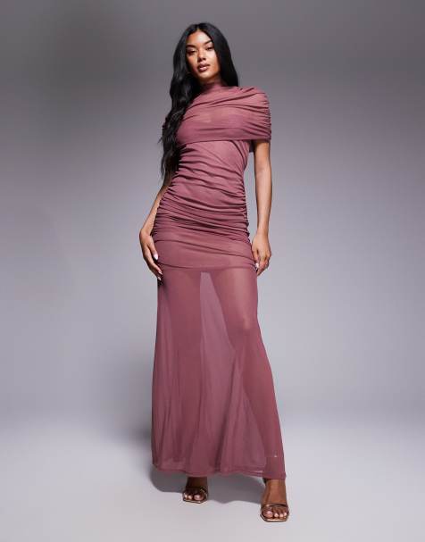 ASOS DESIGN – Dimrosa maxiklänning med skirt meshöverlager och hög krage - view 1