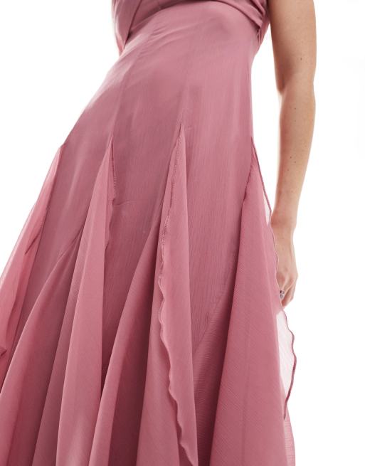 ASOS DESIGN – Dimrosa maxiklänning med slitsad fåll, bandeau-ringning och överlager, 3 av 4