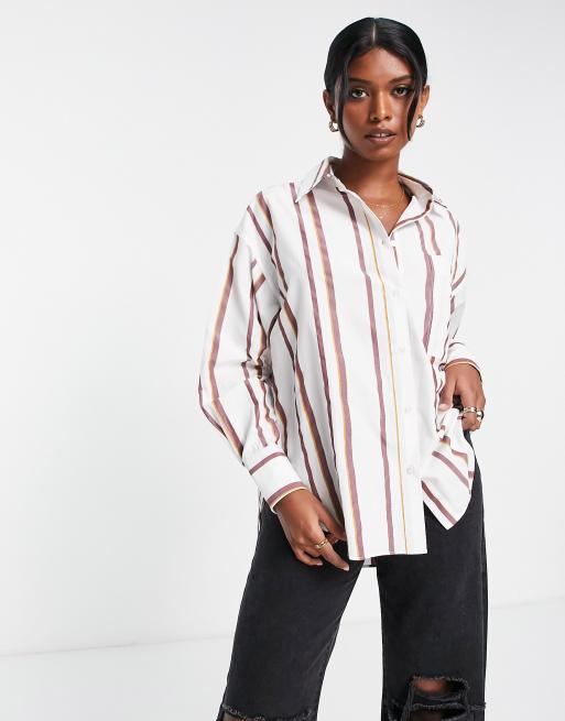 ASOS DESIGN dipped hem dad shirt in chocolate & wine stripe