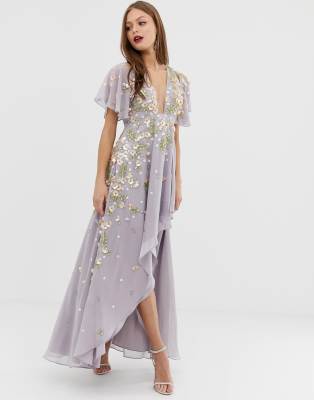 asos design dipped hem maxi dress with 3d embellishment and ruffle sleeve