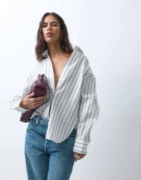 ASOS DESIGN dipped hem oversized shirt in beige stripes - view 1