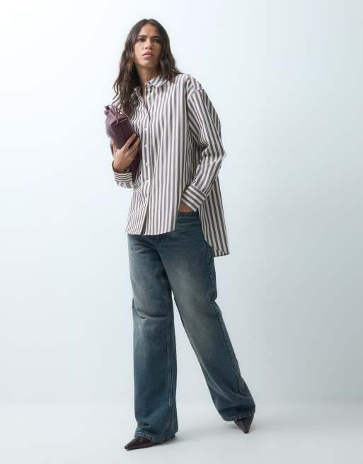 ASOS DESIGN dipped hem oversized shirt in brown stripe, 2 of 8