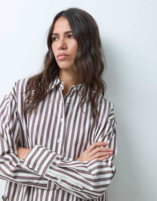 ASOS DESIGN dipped hem oversized shirt in brown stripe, 3 of 8