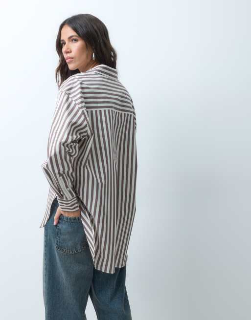 ASOS DESIGN dipped hem oversized shirt in brown stripe, 4 of 8