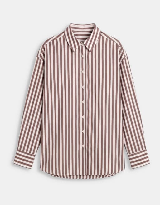 ASOS DESIGN dipped hem oversized shirt in brown stripe, 5 of 8