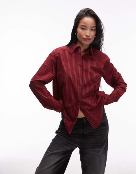 ASOS DESIGN dipped hem shoulder pad shirt in burgundy stripe - view 1