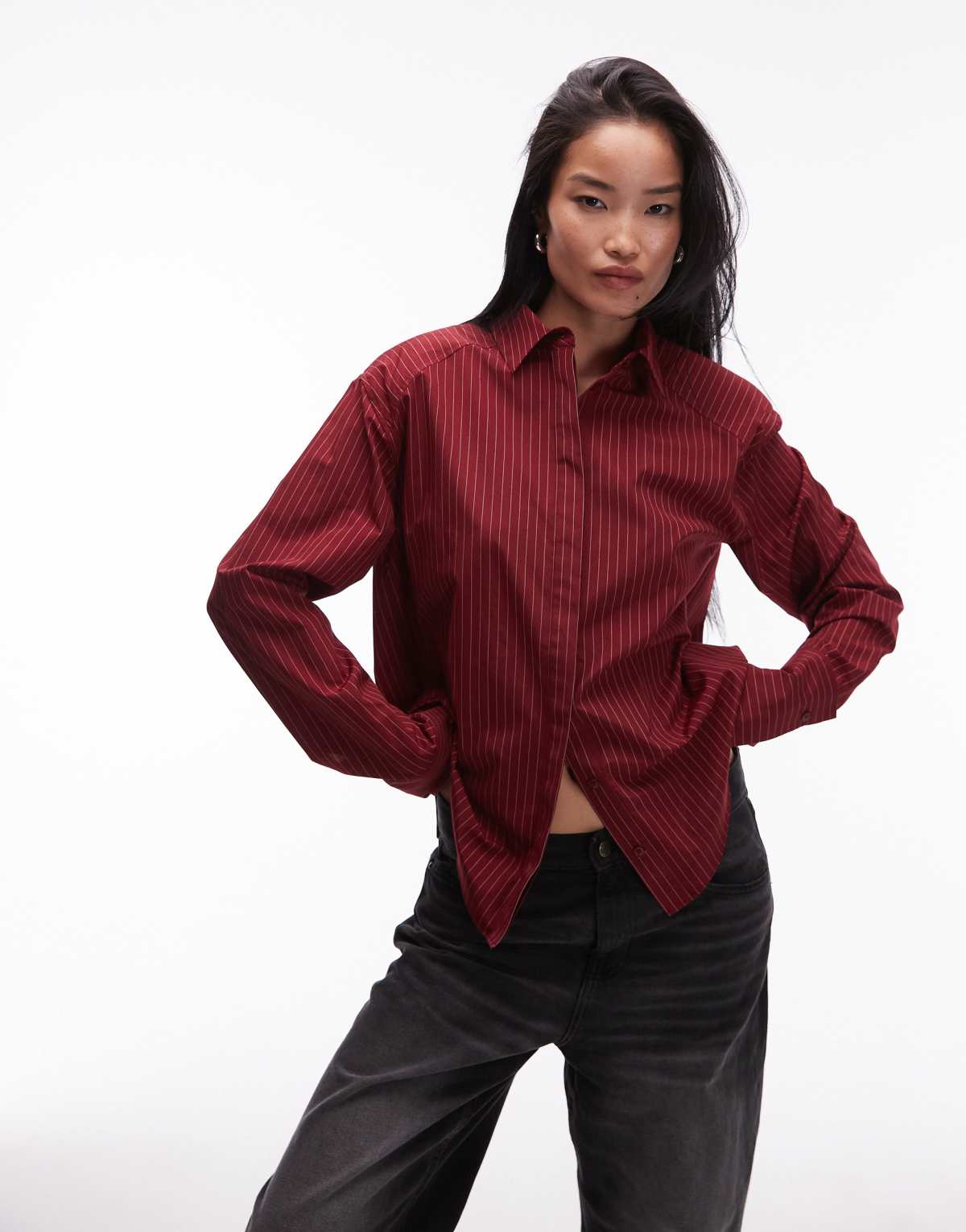 ASOS DESIGN dipped hem shoulder pad shirt in burgundy stripe
