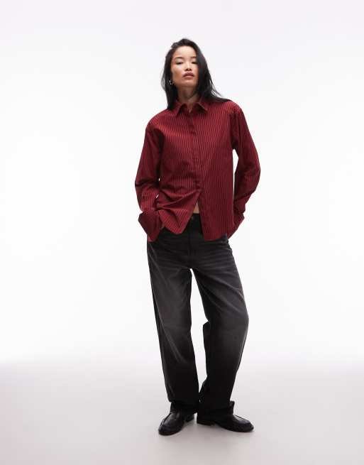 ASOS DESIGN dipped hem shoulder pad shirt in burgundy stripe