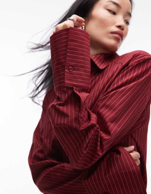 ASOS DESIGN dipped hem shoulder pad shirt in burgundy stripe