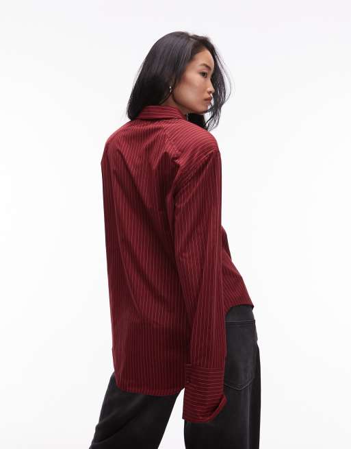 ASOS DESIGN dipped hem shoulder pad shirt in burgundy stripe