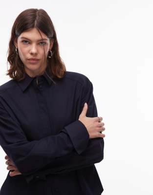 Asos Design Dipped Hem Shoulder Pad Shirt In Blue