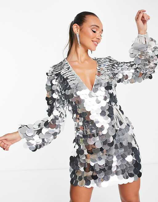 silver disc dress Strappy V Neck Mini In Sequin | EGO US DISCO DIVE SILVER SEQUIN DRESS