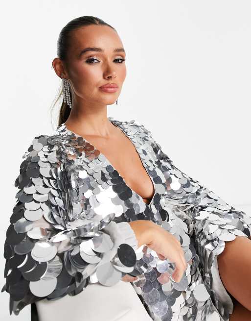 ASOS DESIGN disc embellished mini dress with tie detail in silver, 3 of 4
