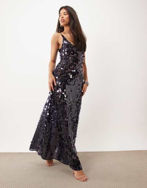ASOS DESIGN disc scatter sequin scoop neck maxi dress in midnight - view 1