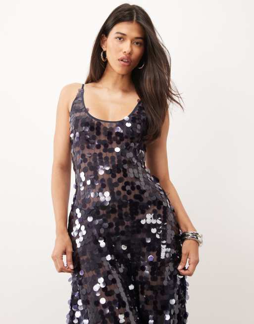 ASOS DESIGN disc scatter sequin scoop neck maxi dress in midnight, 2 of 4