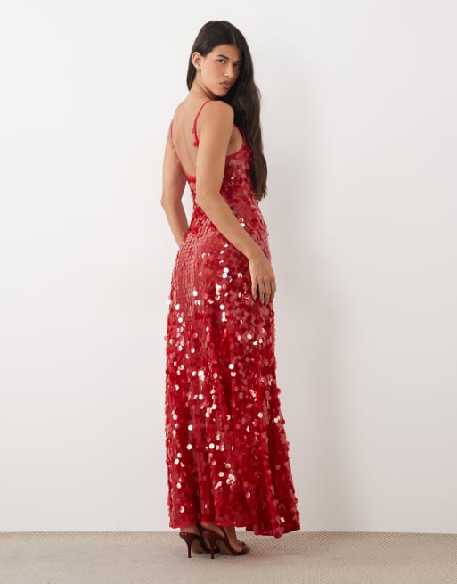 ASOS DESIGN disc scatter sequin scoop neck maxi dress in wine, 4 of 4