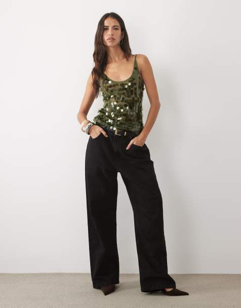 ASOS DESIGN disc scatter sequin scoop neck sleeveless top in dark olive - view 1