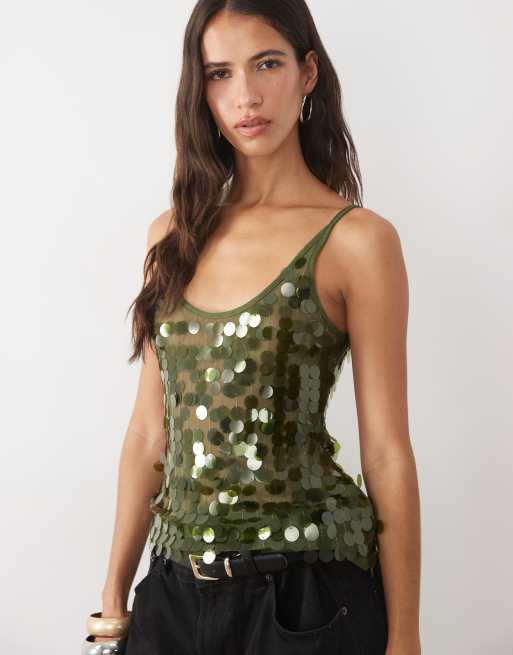 ASOS DESIGN disc scatter sequin scoop neck sleeveless top in dark olive, 2 of 4