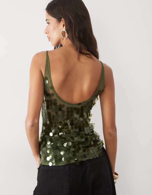 ASOS DESIGN disc scatter sequin scoop neck sleeveless top in dark olive, 4 of 4