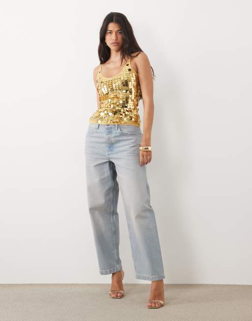 ASOS DESIGN disc scatter sequin scoop neck sleeveless top in gold, 2 of 4